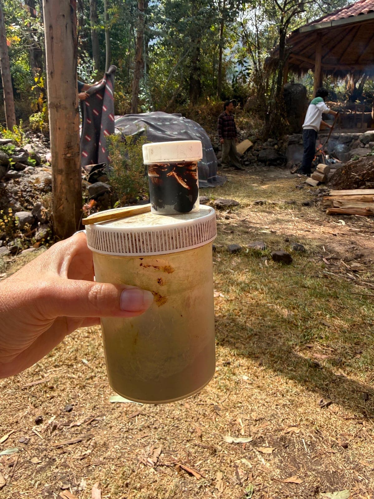 A hand holding up a small jar of dark tobacco resin, the fire and lodge preparations blurred in the background