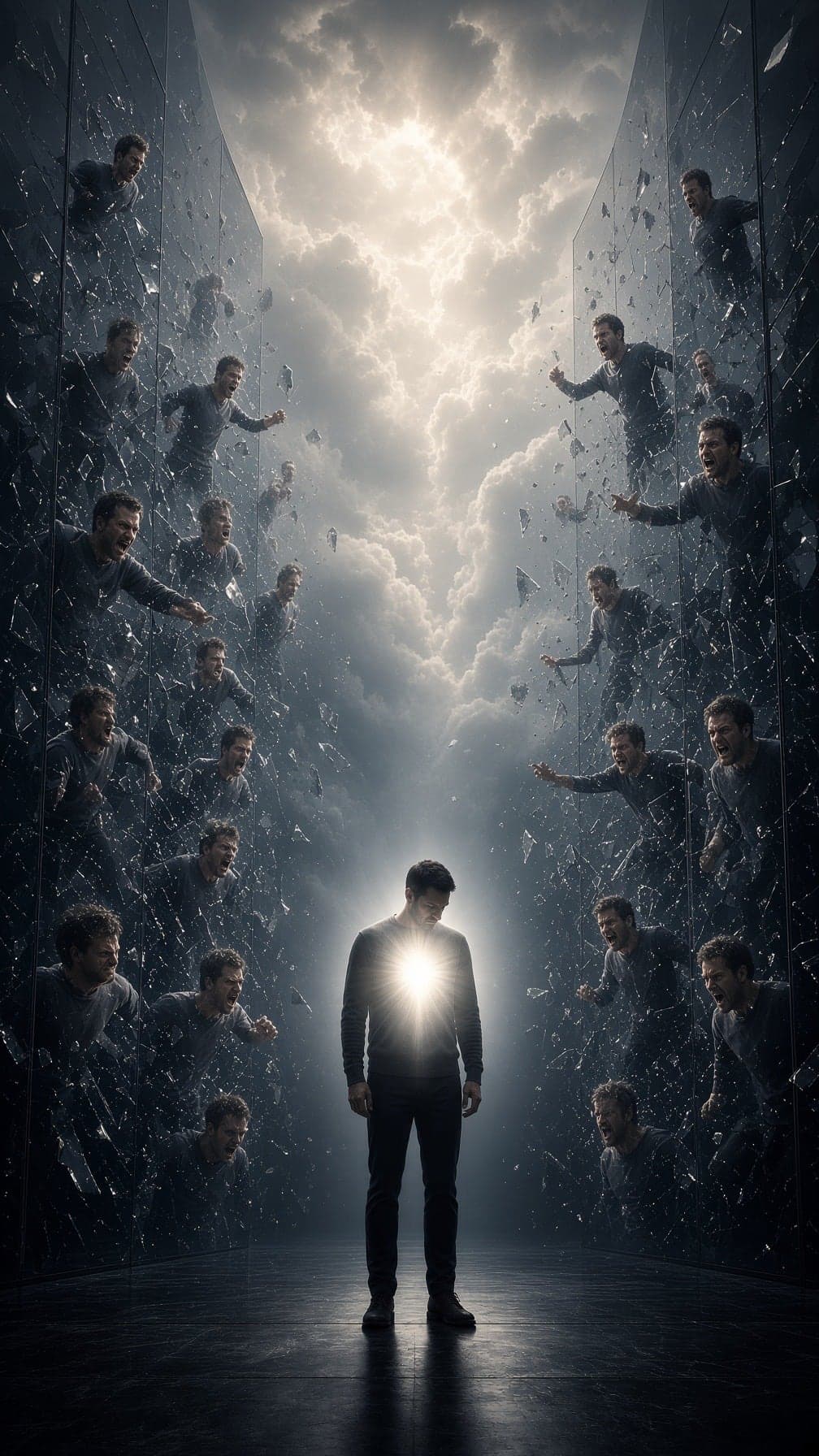 A person standing head-bowed in a corridor of shattered mirrors, every fragment reflecting a shouting version of himself, a single light at his chest