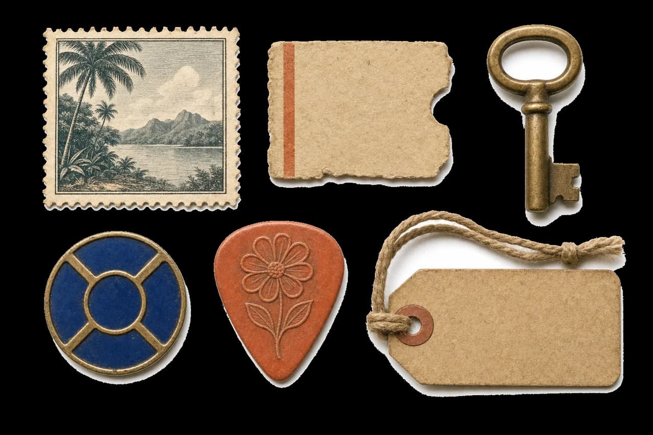 Six keepsakes: an engraved postage stamp, a torn ticket stub, a brass key, a blue transit token, a coral guitar pick and a kraft luggage tag