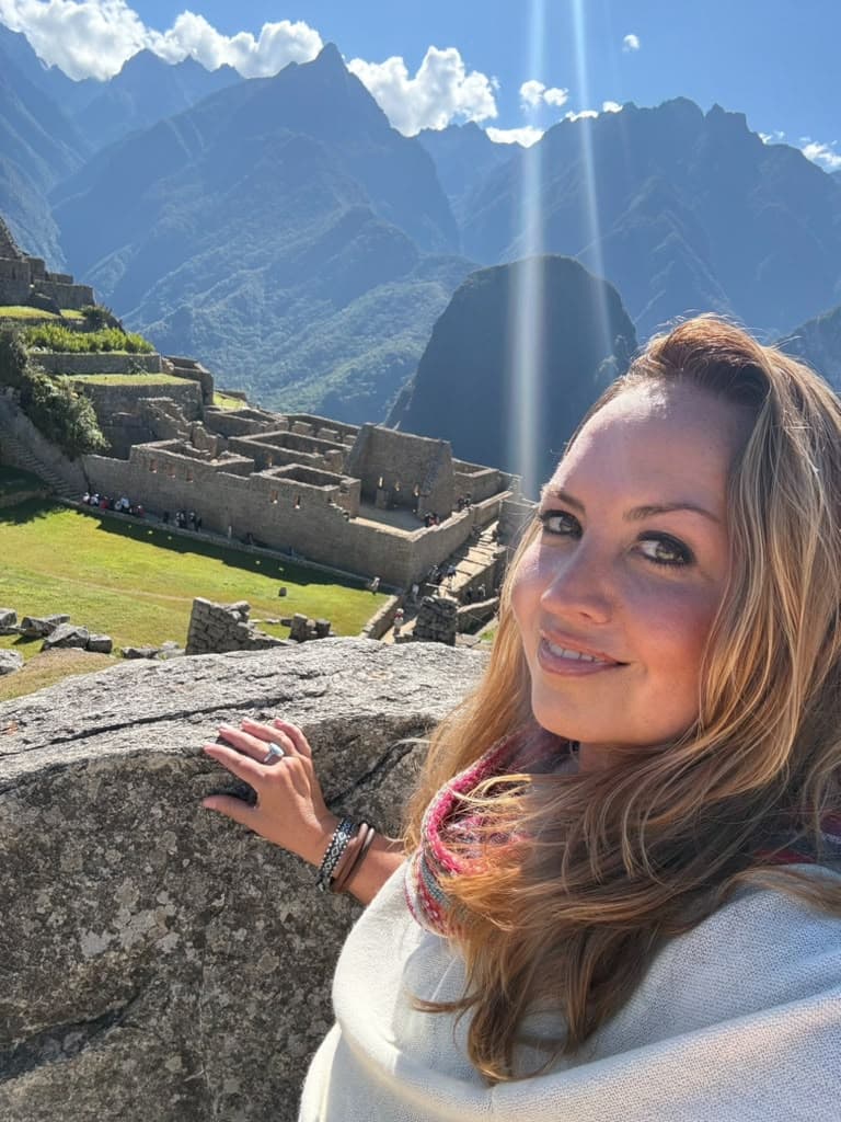 Sarah at the overlook above the main plaza of Machu Picchu