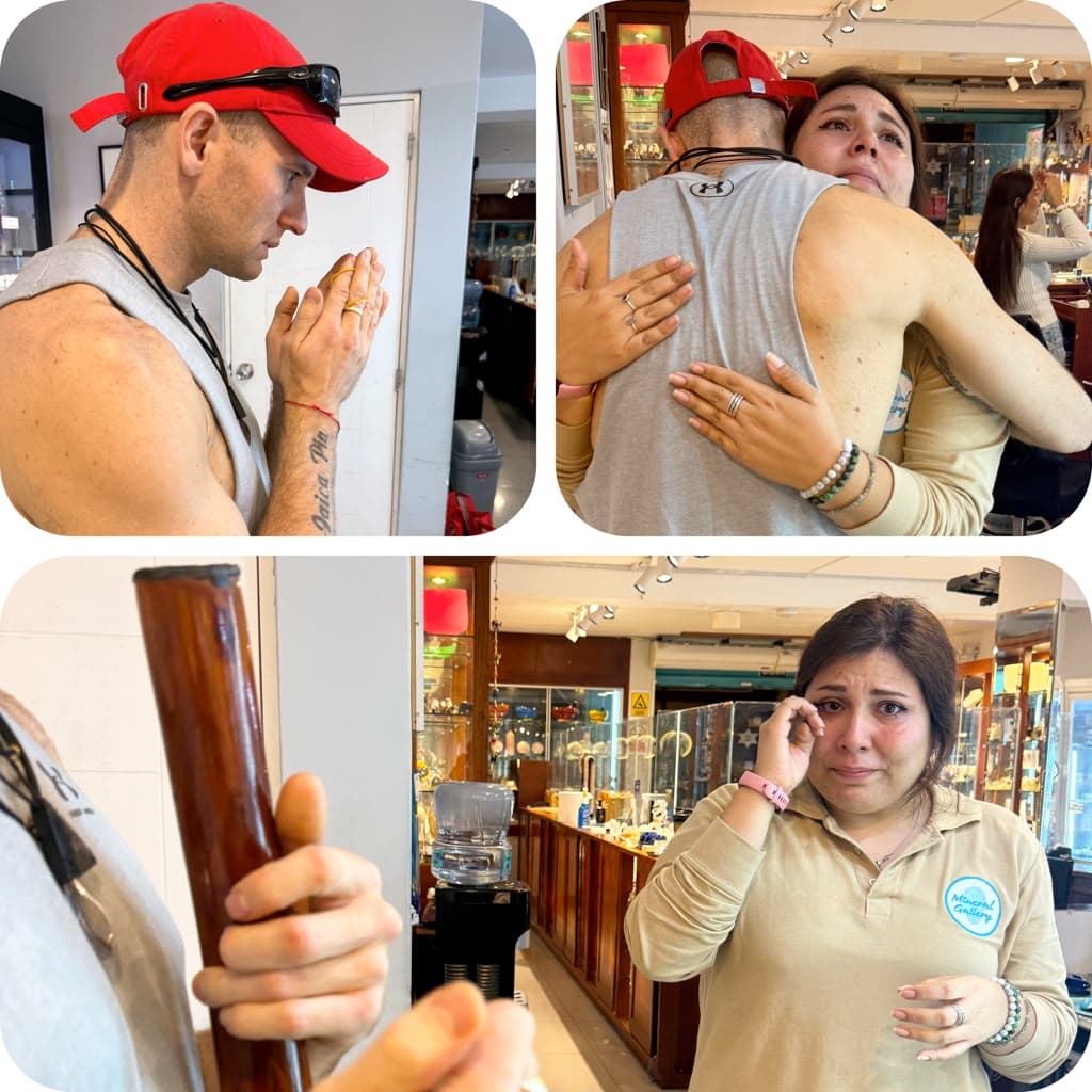 A collage of a woman in a crystal shop moved to tears, embracing Jacob after hearing the yidaki play
