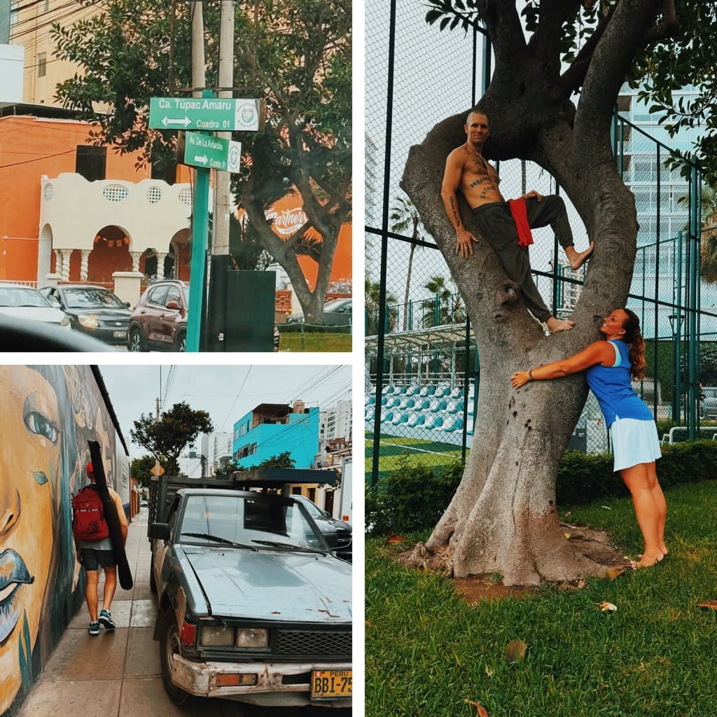 A collage of Lima street life: a Túpac Amaru street sign in traffic, Jacob carrying his yidaki past a mural, and the group playing beside a tree