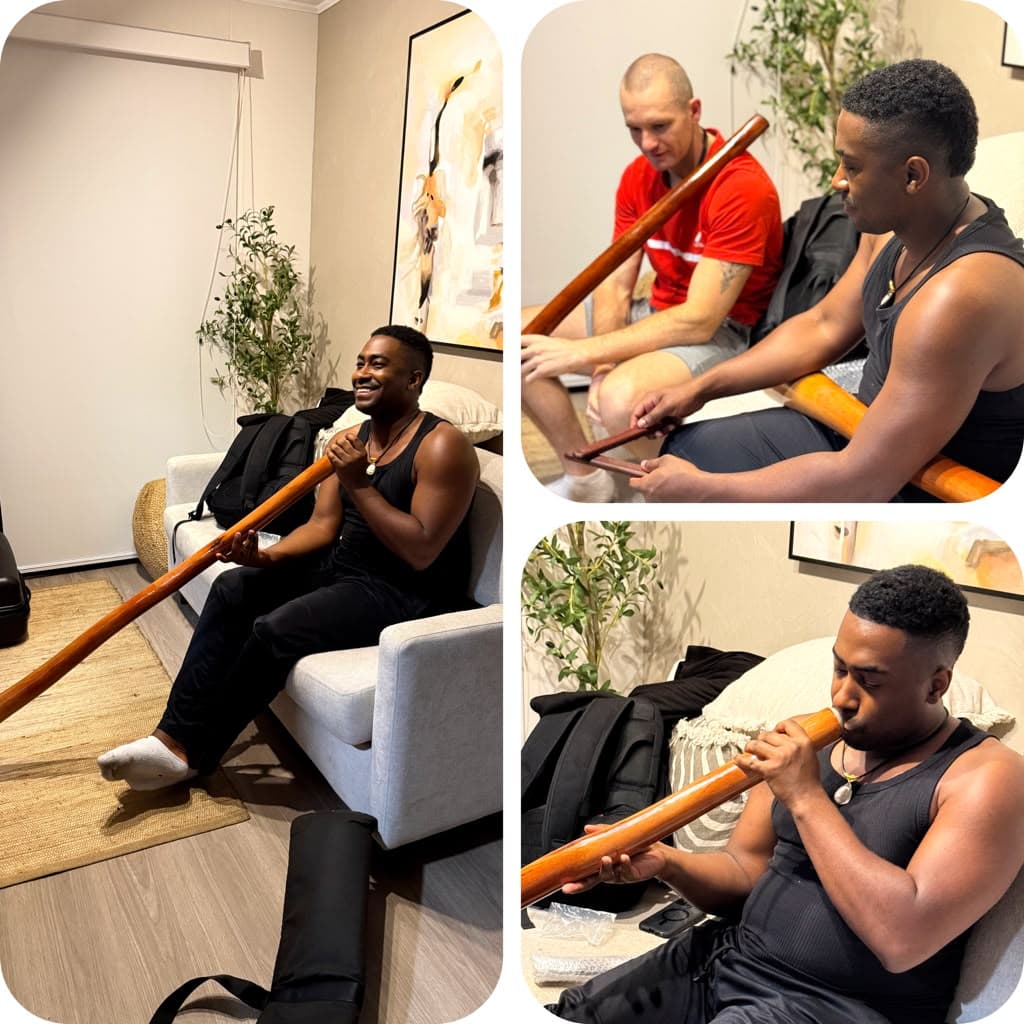 A collage of Yeshua receiving a yidaki and trying his first notes on it in a living room, Jacob helping