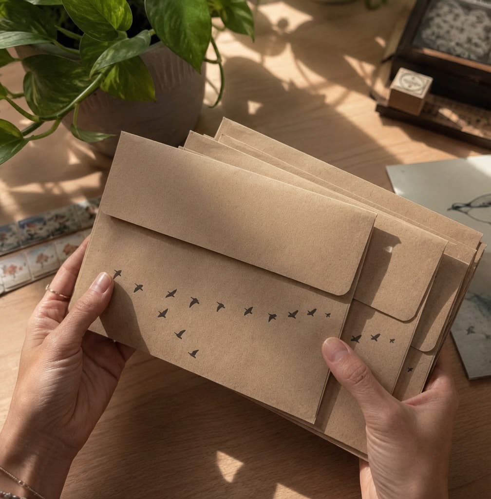 Two hands holding a small stack of kraft envelopes printed with a line of flying birds, on a sunlit desk beside a trailing plant