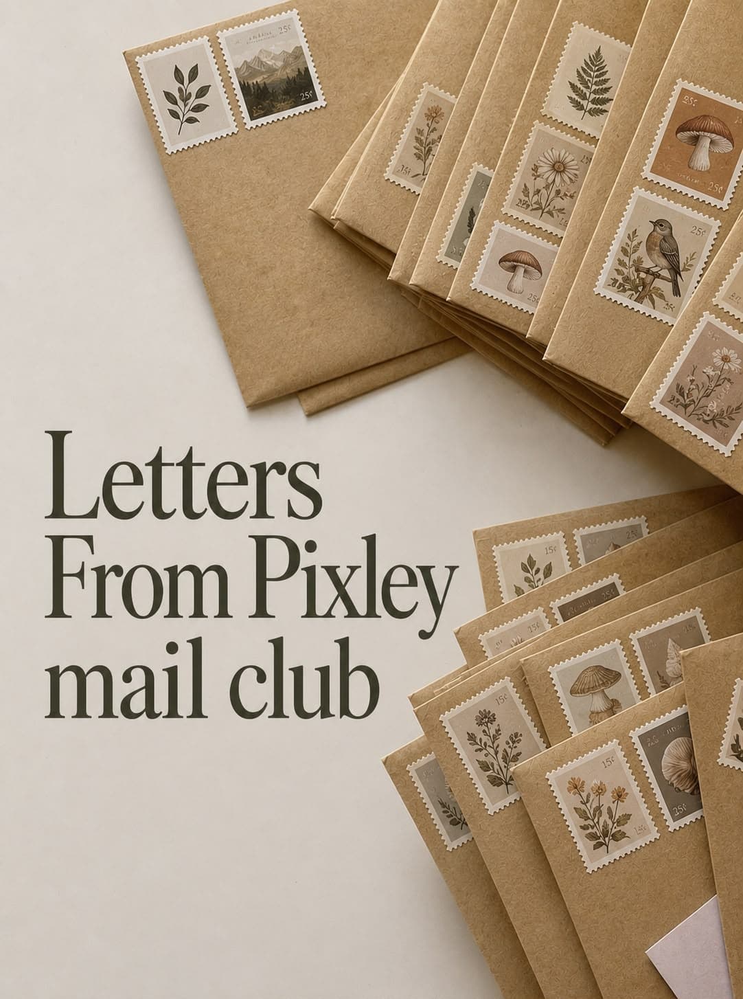 Kraft envelopes fanned out, each with a botanical postage stamp
