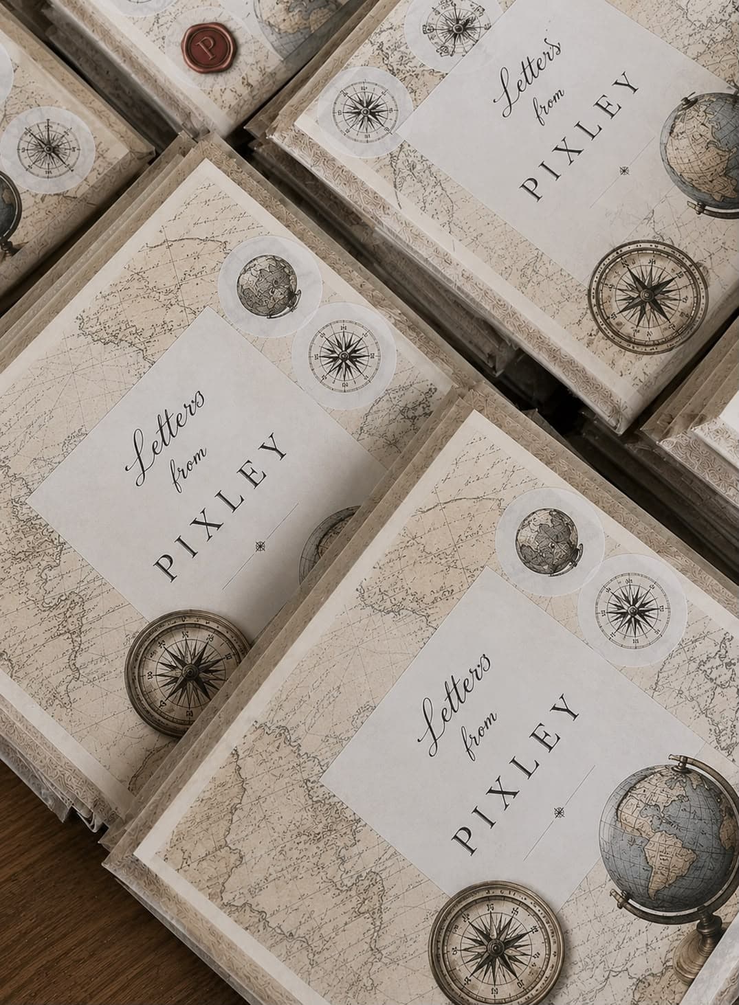 Letter sets laid out on a table: folded sheets, cards and kraft envelopes