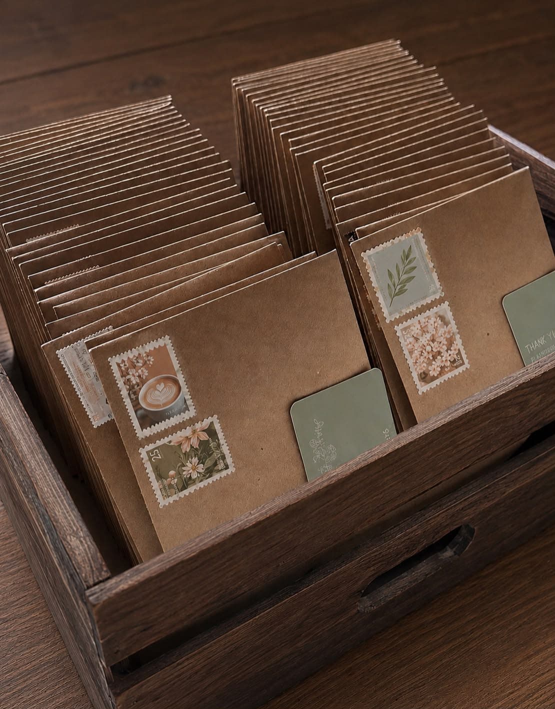 A wooden tray filled with stamped kraft envelopes ready for the post